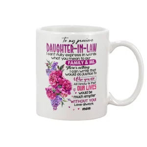 Personalized To My Precious Daughter-In-Law Mug Purple Flowers I Can't Fully Express In Words What You Mean To Our Family And Me White Mug