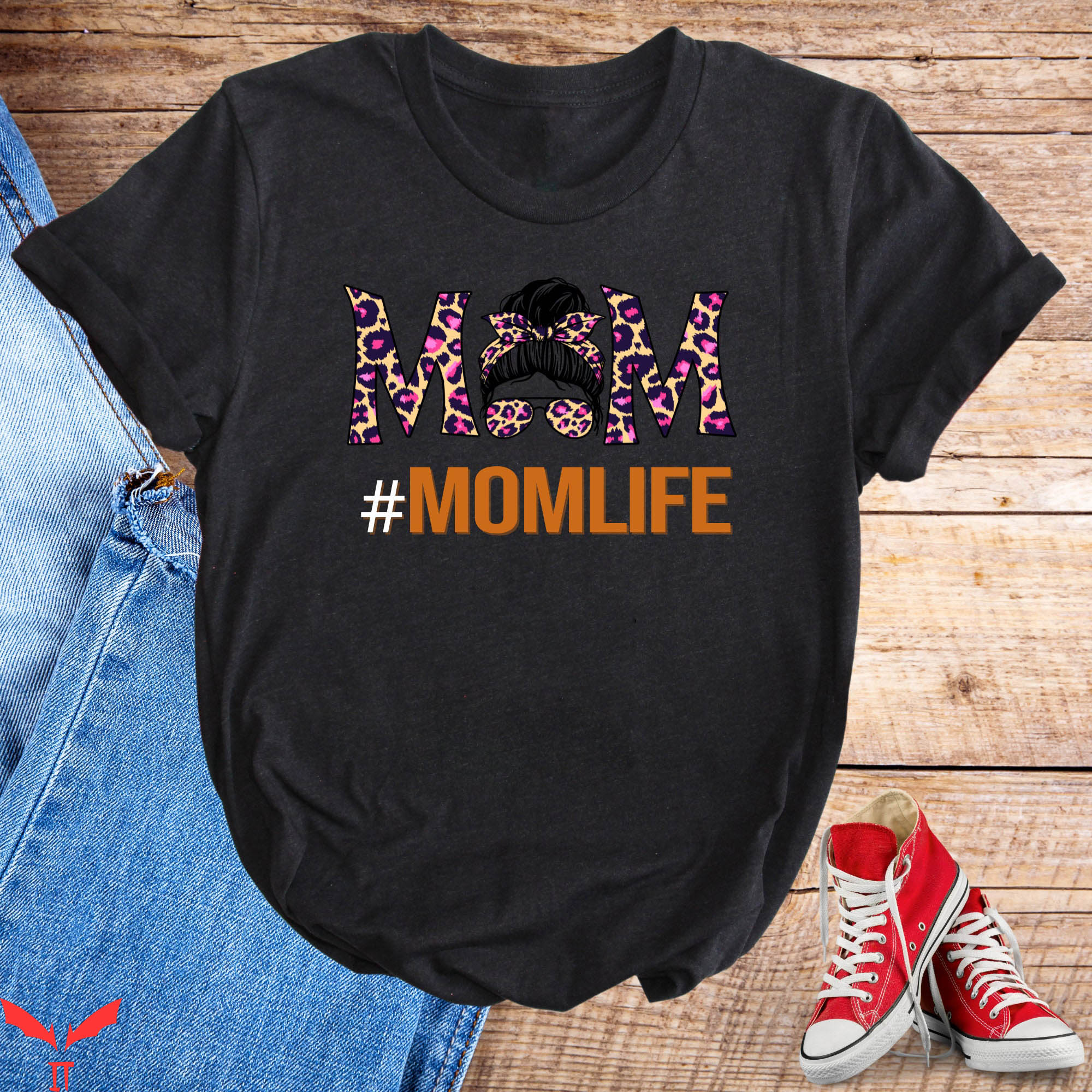 Mom Life T-Shirt Messy Bun Hashtag Cheetah Mom Tee