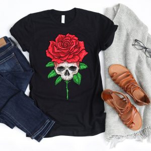 Skull And Roses T-Shirt Red Rose Flower Flourish Vintage Tee