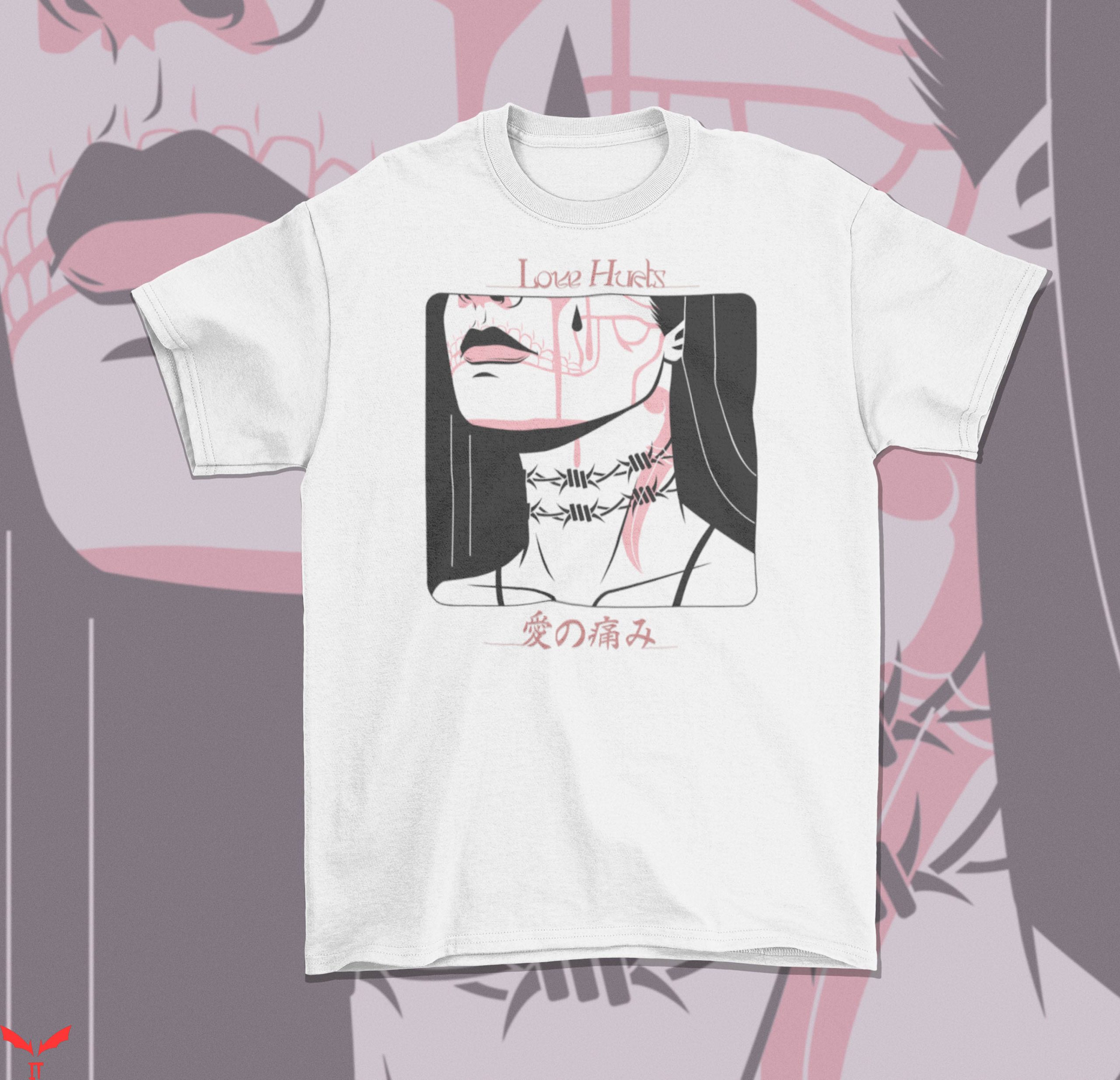 White Pink T-Shirt Love Hurts Manga Grunge T-Shirt