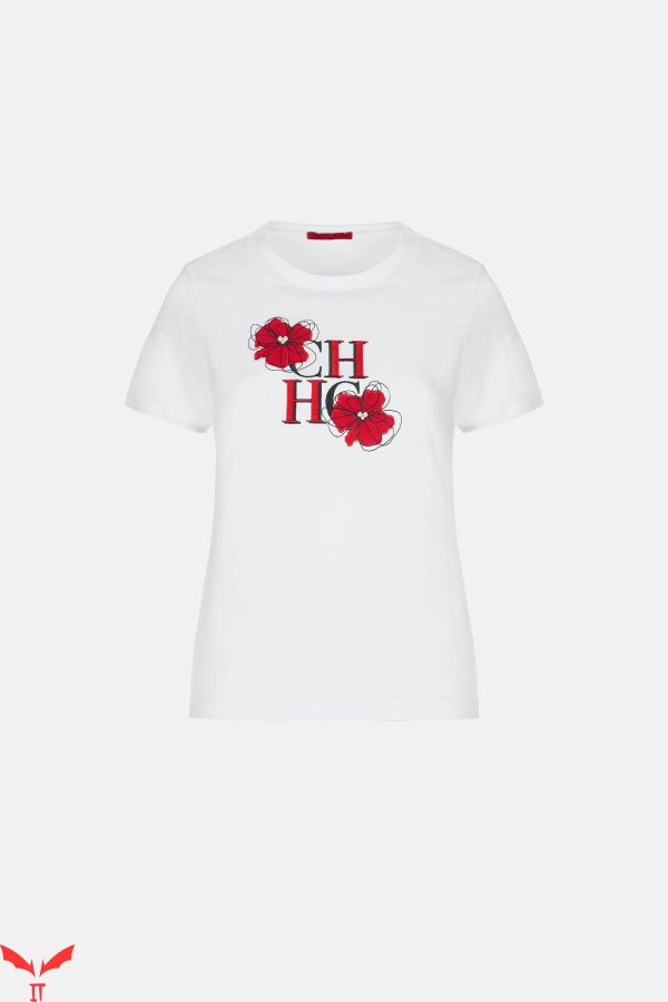 Carolina Herrera T-Shirt Vintage Red Flowers Logo Trendy