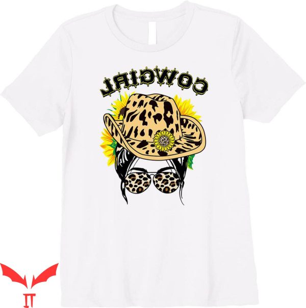 Reverse Cowgirl T-shirt Leopard Cowgirl Hat Glasses Sunflower
