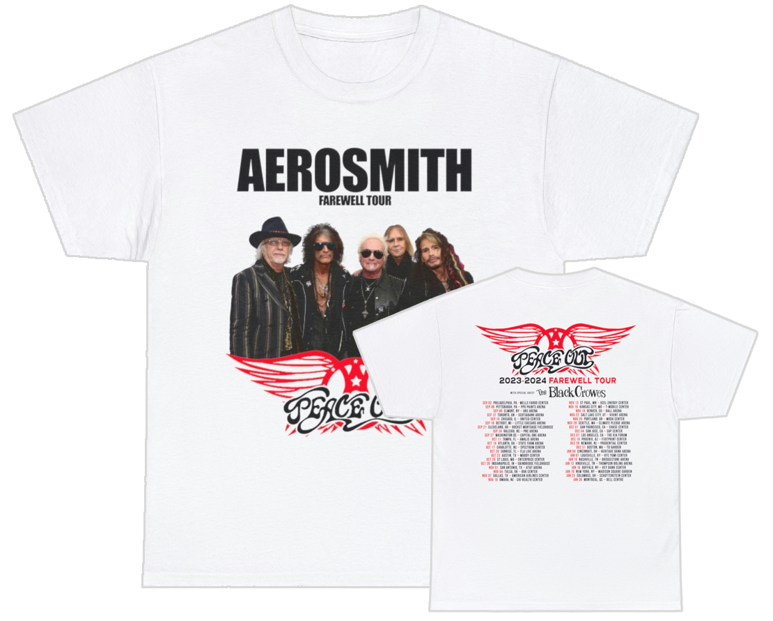 Aerosmith 2023 - 2024 Peace Out Farewell Tour with The Black Crowes Full Color Band Photo Tour Shirt Aerosmith 2023 - 2024 Peace Out Farewell Tour with The Black Crowes Full Color Band Photo Tour Shirt