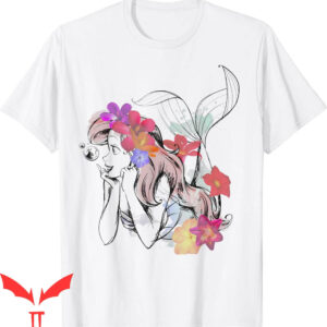 Little Mermaid T-Shirt Disney Floral Watercolor Outline