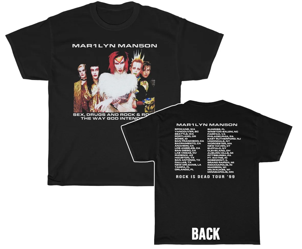 Marilyn Manson 1999 Sex Drugs and Rock & Roll Rock Is Dead Tour Shirt Marilyn Manson 1999 Sex Drugs and Rock & Roll Rock Is Dead Tour Shirt