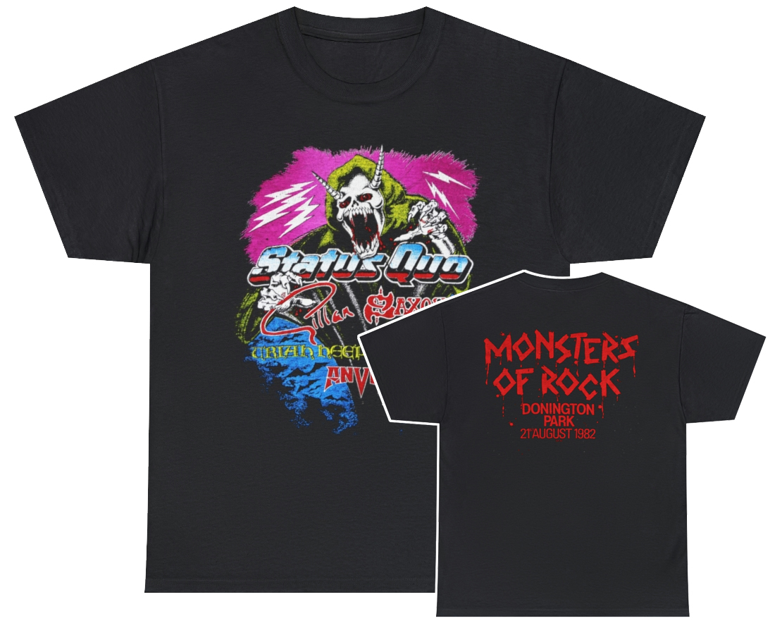Monsters of Rock 1982 Donington Park Status Quo GIllan Saxon Uriah Heep Hawnwind Anvil Event Shirt Monsters of Rock 1982 Donington Park Status Quo GIllan Saxon Uriah Heep Hawnwind Anvil Event Shirt
