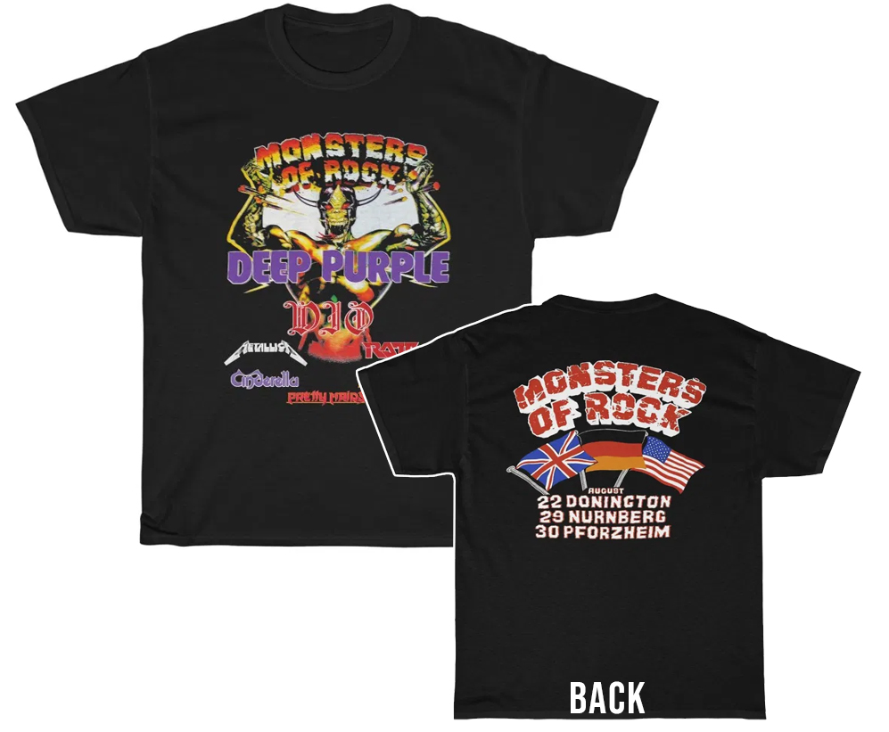 Monsters of Rock 1987 Deep Purple, DIO, Metallica, Ratt, Cinderella, Helloween & Pretty Maids Event Shirt Monsters of Rock 1987 Deep Purple, DIO, Metallica, Ratt, Cinderella, Helloween & Pretty Maids Event Shirt
