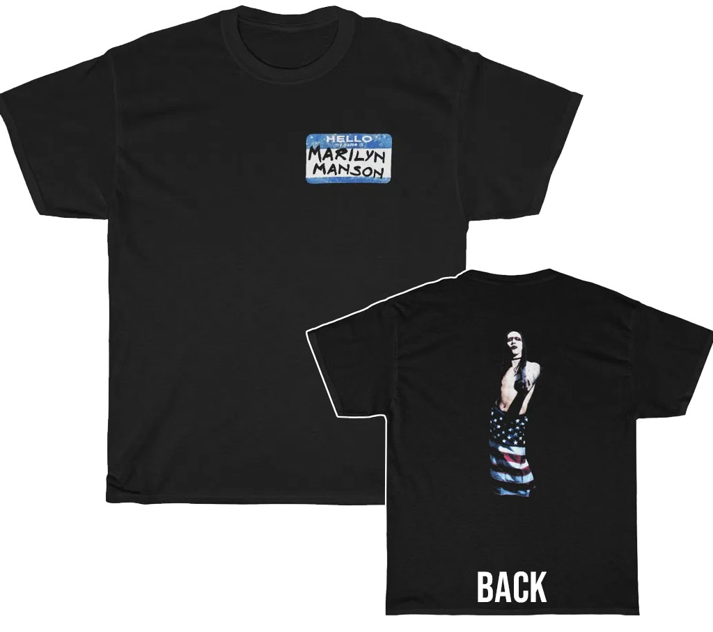 My Name Is Marilyn Manson Shirt with Manson Middle Finger A Wearing Flag on Back My Name Is Marilyn Manson Shirt with Manson Middle Finger A Wearing Flag on Back