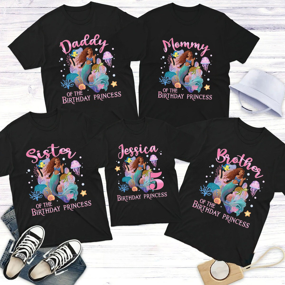 Personalized Black Little Mermaid Birthday Family Matching Shirt Personalized Black Little Mermaid Birthday Family Matching Shirt