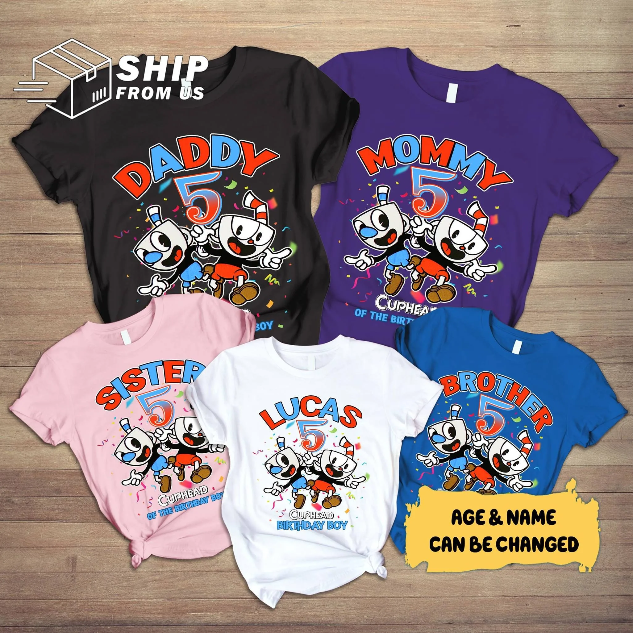 Personalized Cuphead & Mugman Family Birthday Shirt Personalized Cuphead & Mugman Family Birthday Shirt