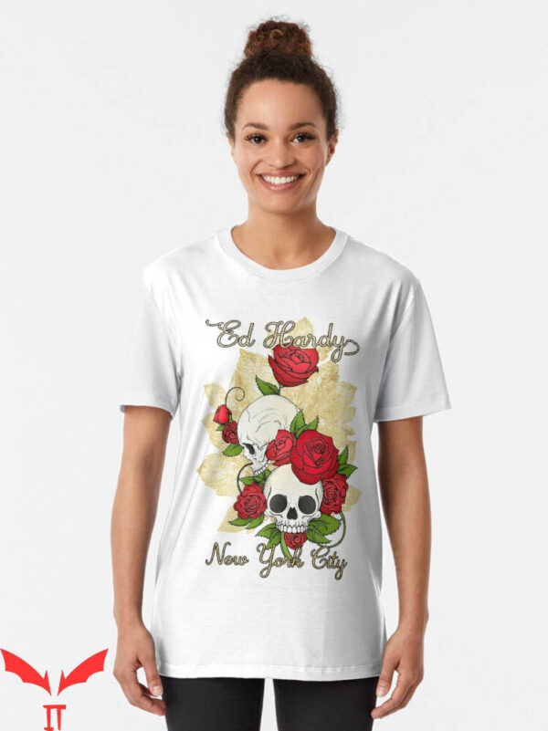 Christian Audigier T-shirt New York City Skull & Flowers