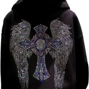 Angel Wing Hoodie Multicolor Rhinestone Cross Trending