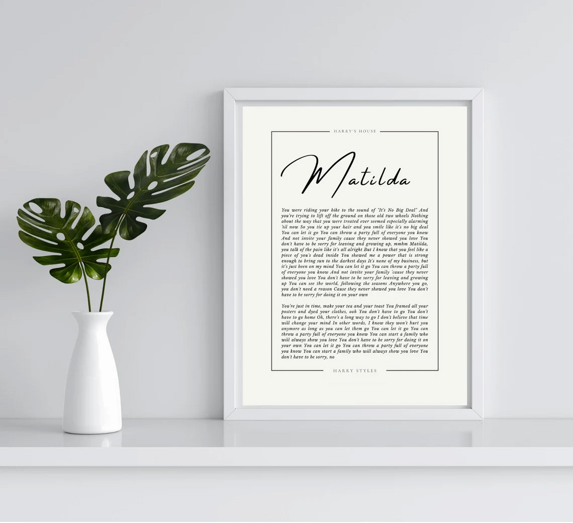 Matilda By Harry Styles, Harry's House Digital Download Lyrics Poster Matilda By Harry Styles, Harry's House Digital Download Lyrics Poster