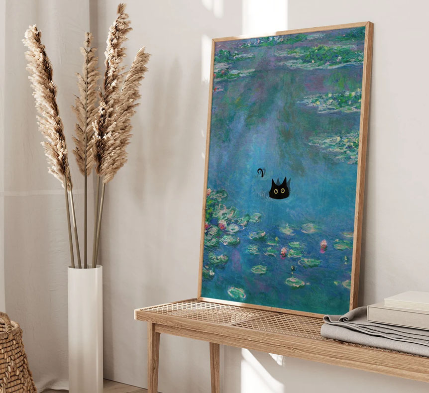 Monet Waterlily Cat Print, Claude Monet Cat Poster Monet Waterlily Cat Print, Claude Monet Cat Poster