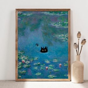Monet Waterlily Cat Print, Claude Monet Cat Poster
