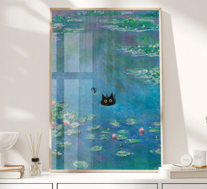 Monet Waterlily Cat Print, Claude Monet Cat Poster Monet Waterlily Cat Print, Claude Monet Cat Poster