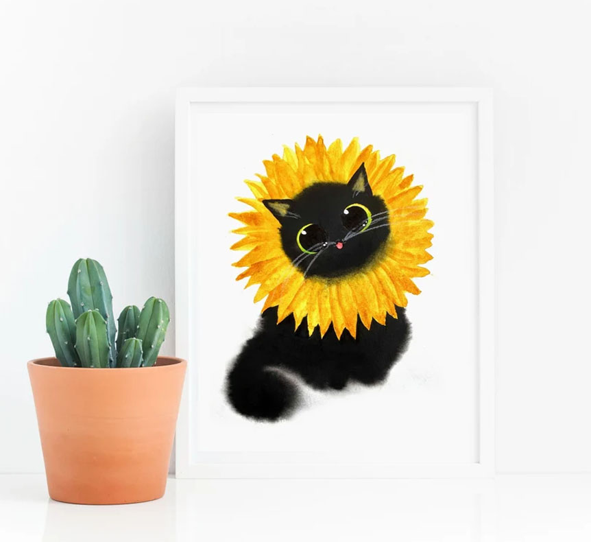 Sunflower Cat, Flower Cat, Black Cat Funny Poster Sunflower Cat, Flower Cat, Black Cat Funny Poster