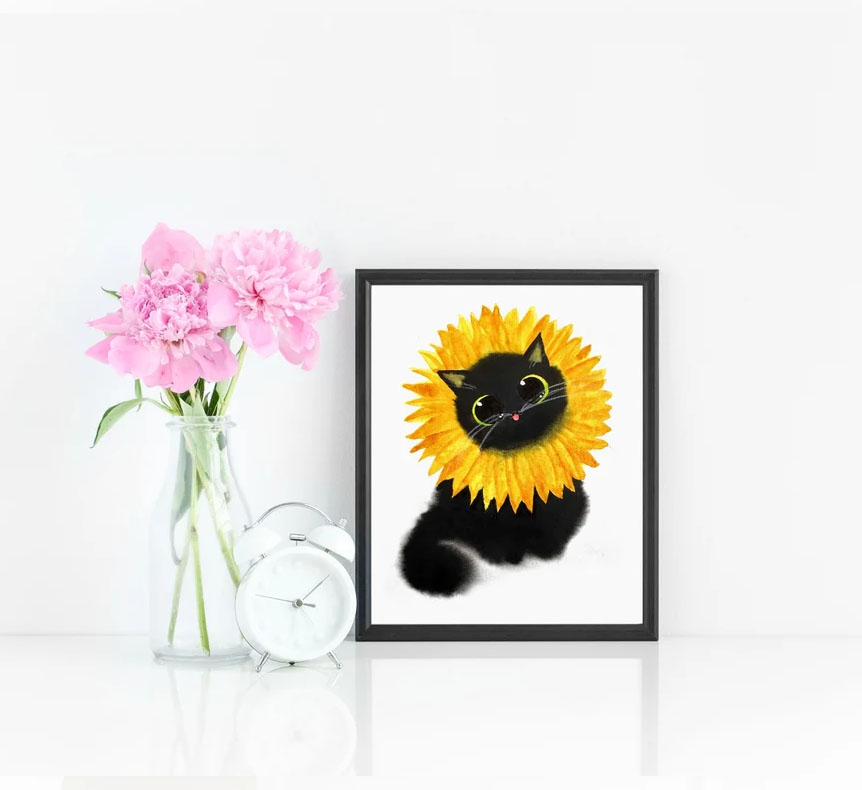 Sunflower Cat, Flower Cat, Black Cat Funny Poster Sunflower Cat, Flower Cat, Black Cat Funny Poster