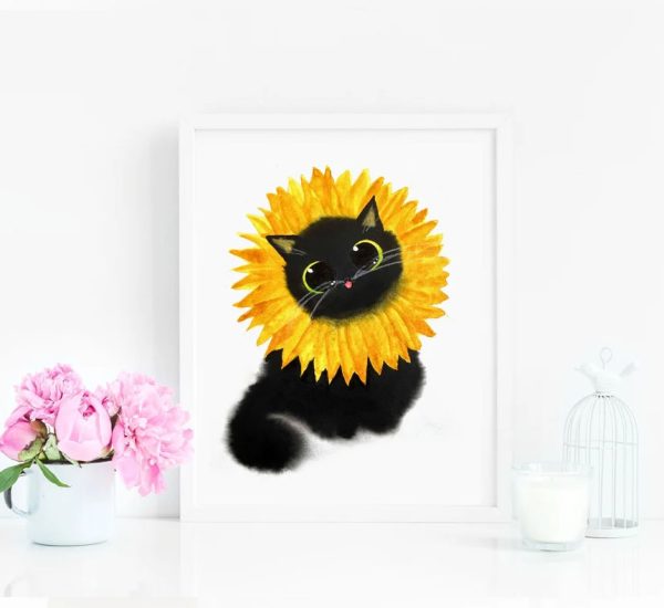 Sunflower Cat, Flower Cat, Black Cat Funny Poster