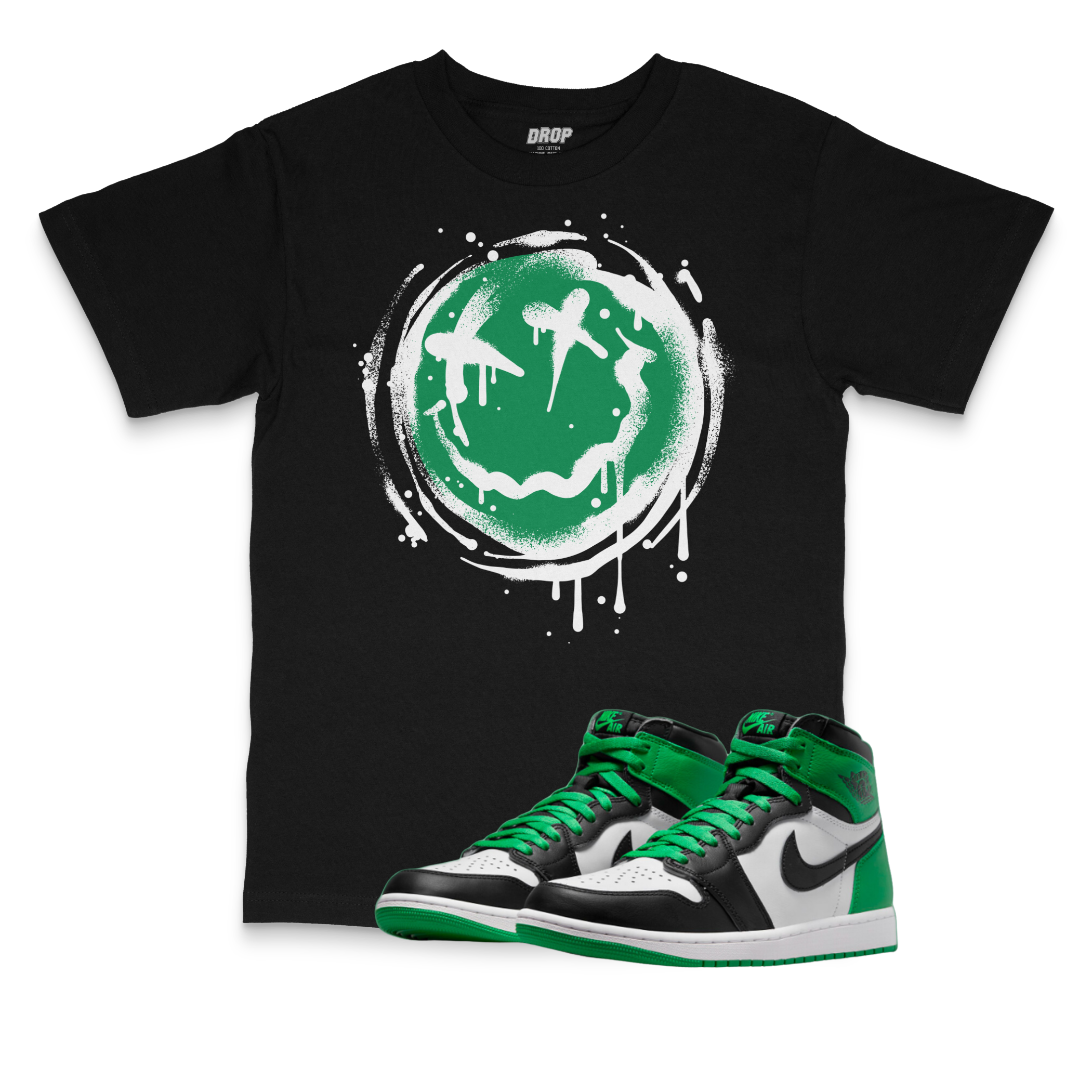 Air Jordan 1 High OG Celtics I Smiley Splatter Sneaker Matching T-Shirt Air Jordan 1 High OG Celtics I Smiley Splatter Sneaker Matching T-Shirt