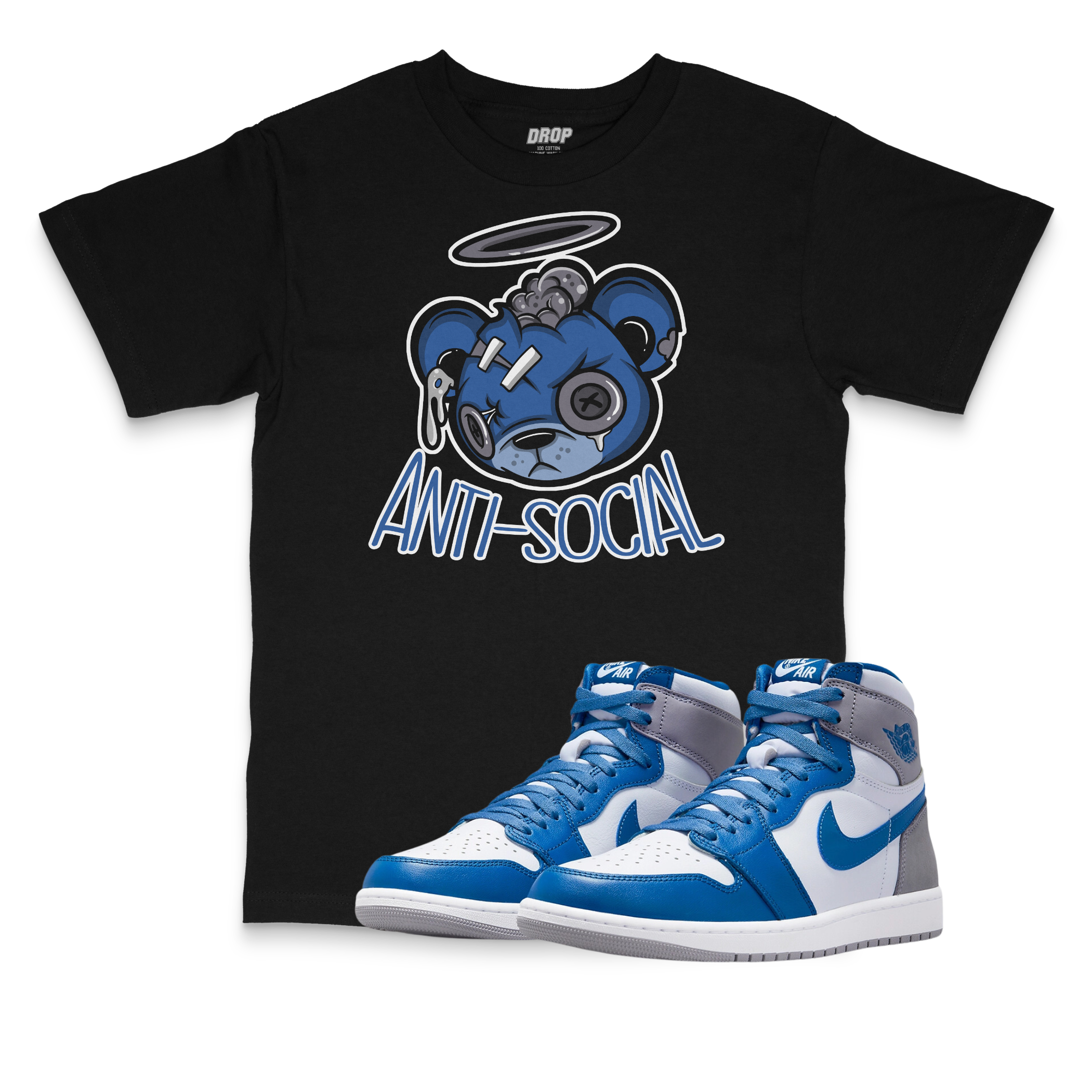 Air Jordan 1 High OG True Blue I Anti-Social Bear Sneaker Matching T-Shirt Air Jordan 1 High OG True Blue I Anti-Social Bear Sneaker Matching T-Shirt