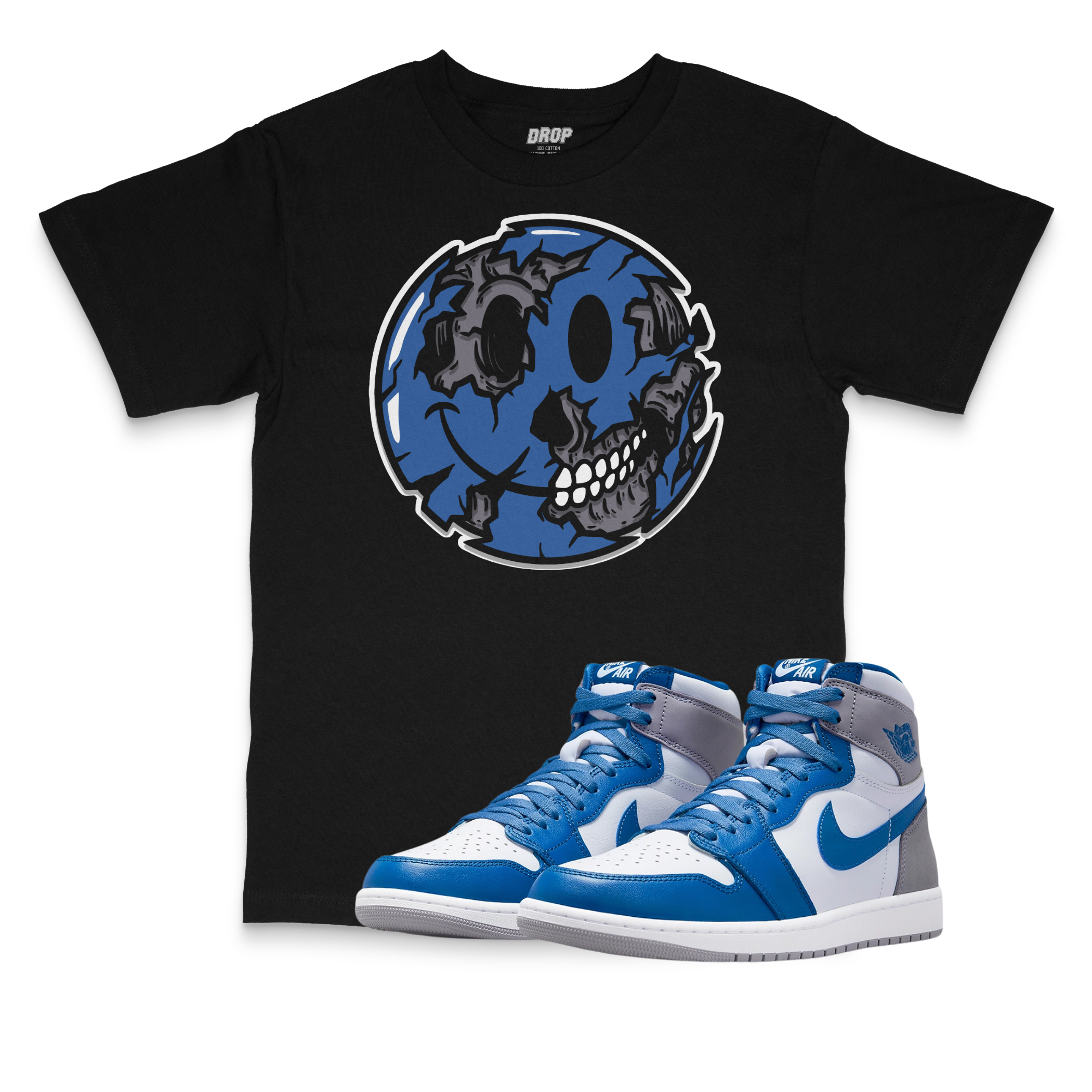 Air Jordan 1 High OG True Blue I Smiley Face Sneaker Matching T-Shirt Air Jordan 1 High OG True Blue I Smiley Face Sneaker Matching T-Shirt
