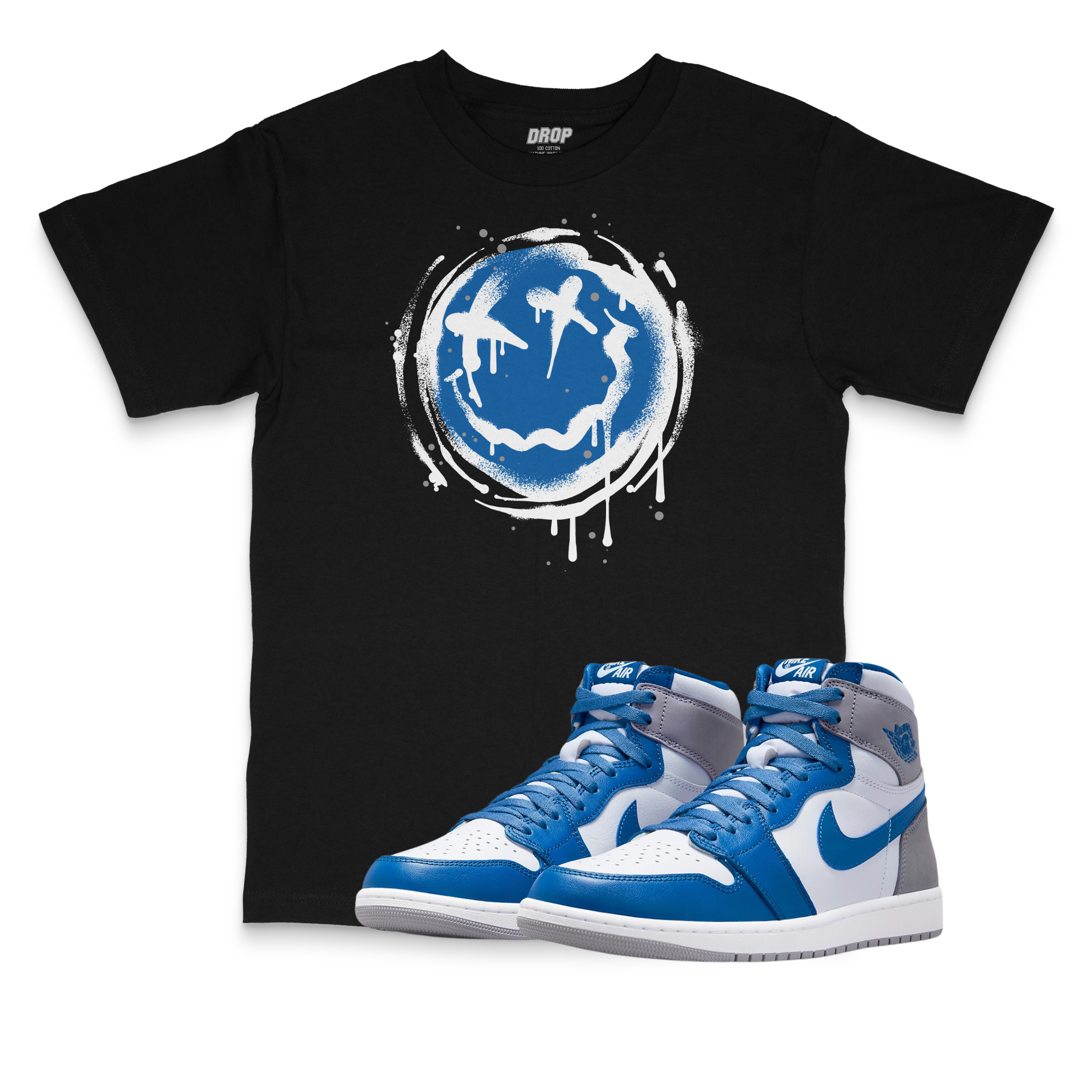 Air Jordan 1 High OG True Blue I Smiley Splatter Sneaker Matching T-Shirt Air Jordan 1 High OG True Blue I Smiley Splatter Sneaker Matching T-Shirt