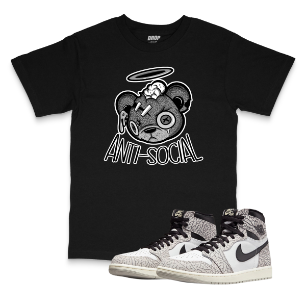 Air Jordan 1 High OG White Cement I Anti-Social Bear Sneaker Matching T-Shirt
