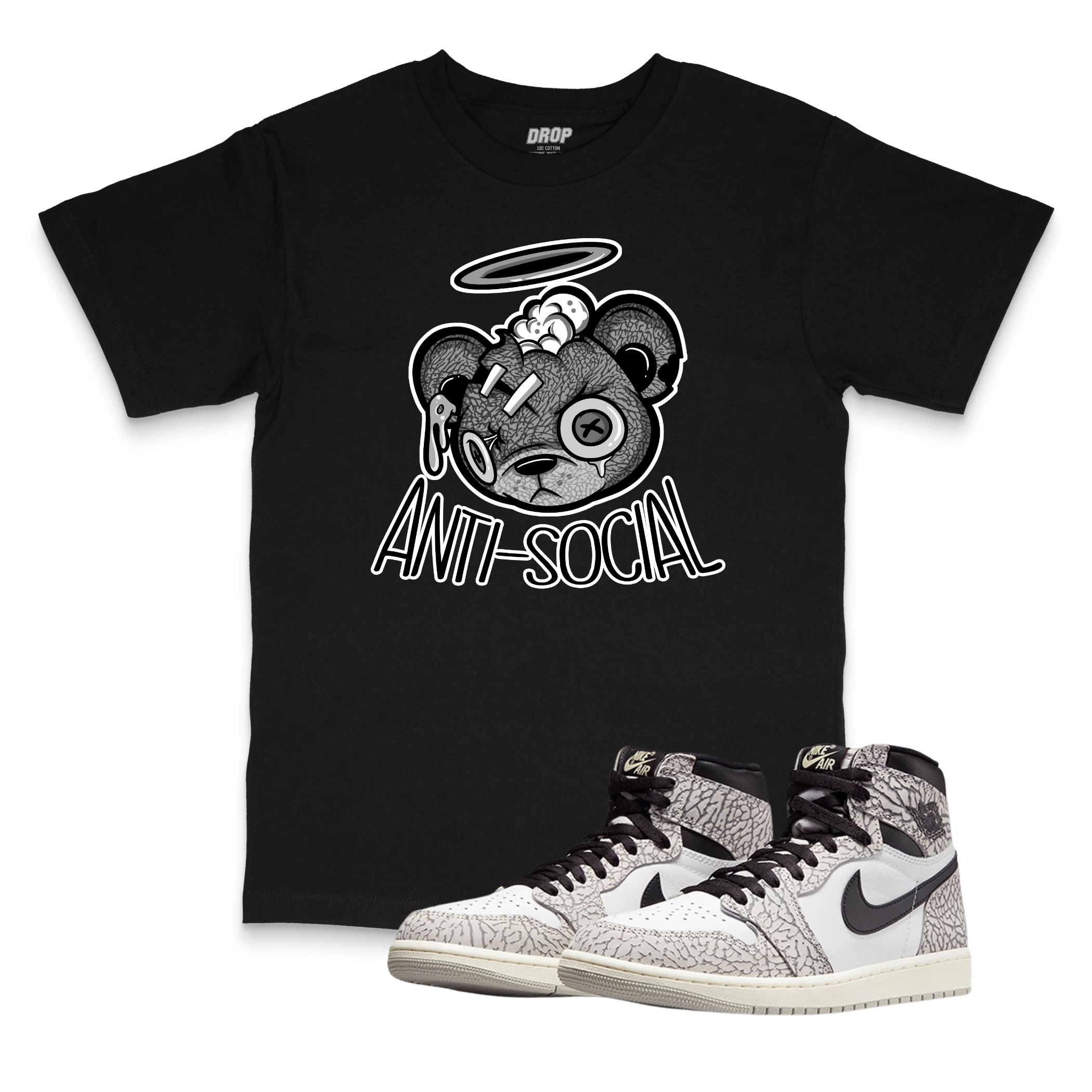 Air Jordan 1 High OG White Cement I Anti-Social Bear Sneaker Matching T-Shirt Air Jordan 1 High OG White Cement I Anti-Social Bear Sneaker Matching T-Shirt