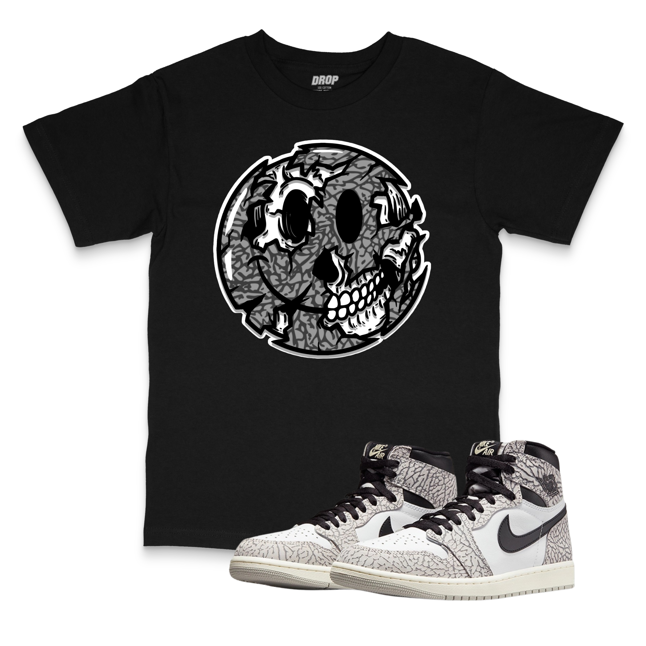 Air Jordan 1 High OG White Cement I Smiley Face Sneaker Matching T-Shirt Air Jordan 1 High OG White Cement I Smiley Face Sneaker Matching T-Shirt