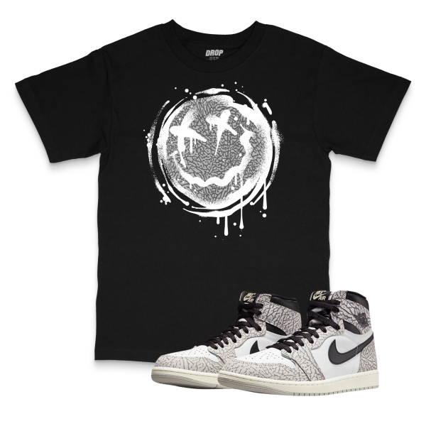 Air Jordan 1 High OG White Cement I Smiley Splatter Sneaker Matching T-Shirt