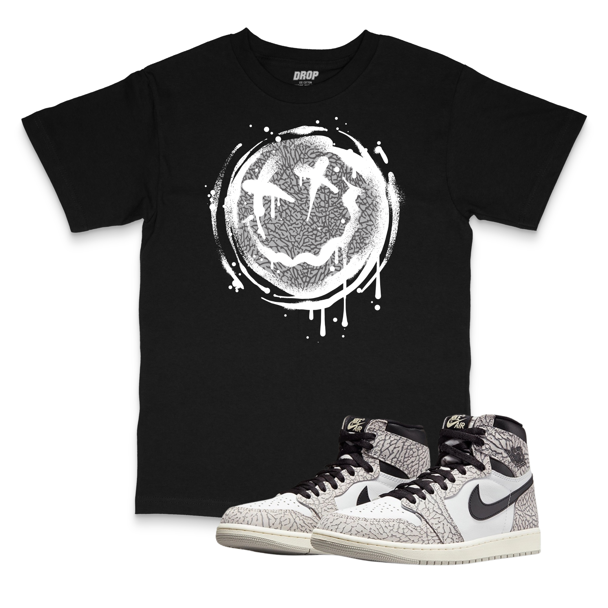 Air Jordan 1 High OG White Cement I Smiley Splatter Sneaker Matching T-Shirt Air Jordan 1 High OG White Cement I Smiley Splatter Sneaker Matching T-Shirt