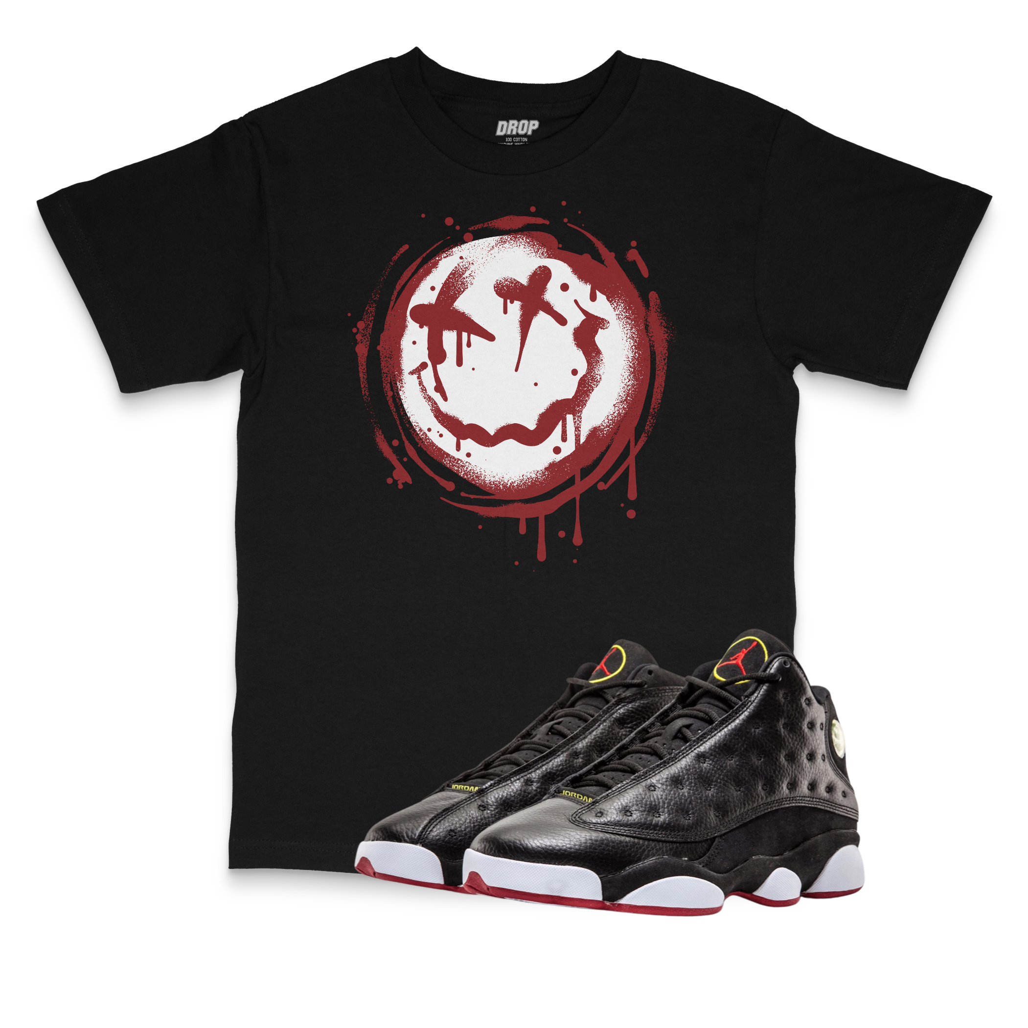 Air Jordan 13 Playoffs I Smiley Splatter Sneaker Matching T-Shirt Air Jordan 13 Playoffs I Smiley Splatter Sneaker Matching T-Shirt