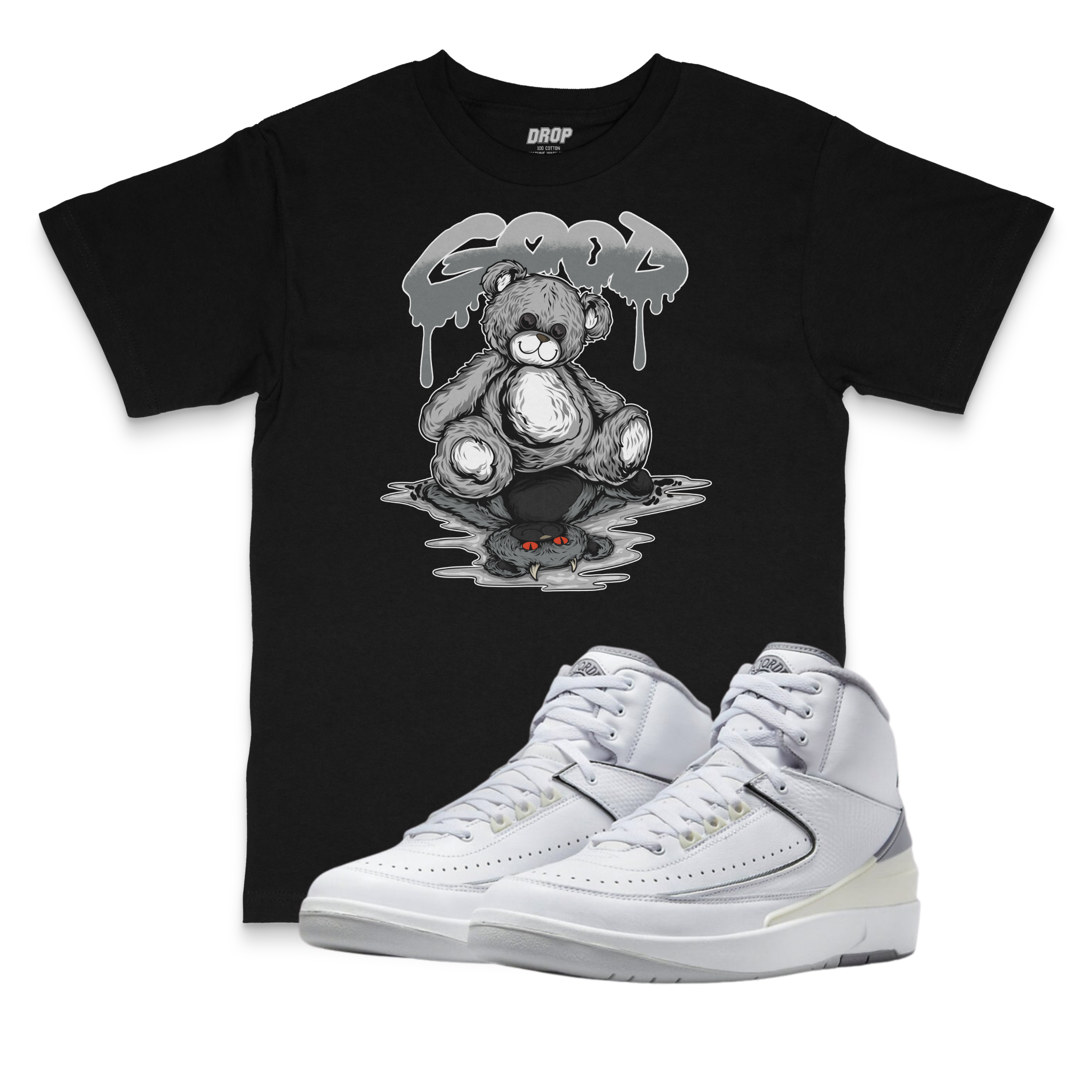 Air Jordan 2 Neutral Grey l Good vs. Evil Bear Sneaker Matching T-Shirt Air Jordan 2 Neutral Grey l Good vs. Evil Bear Sneaker Matching T-Shirt