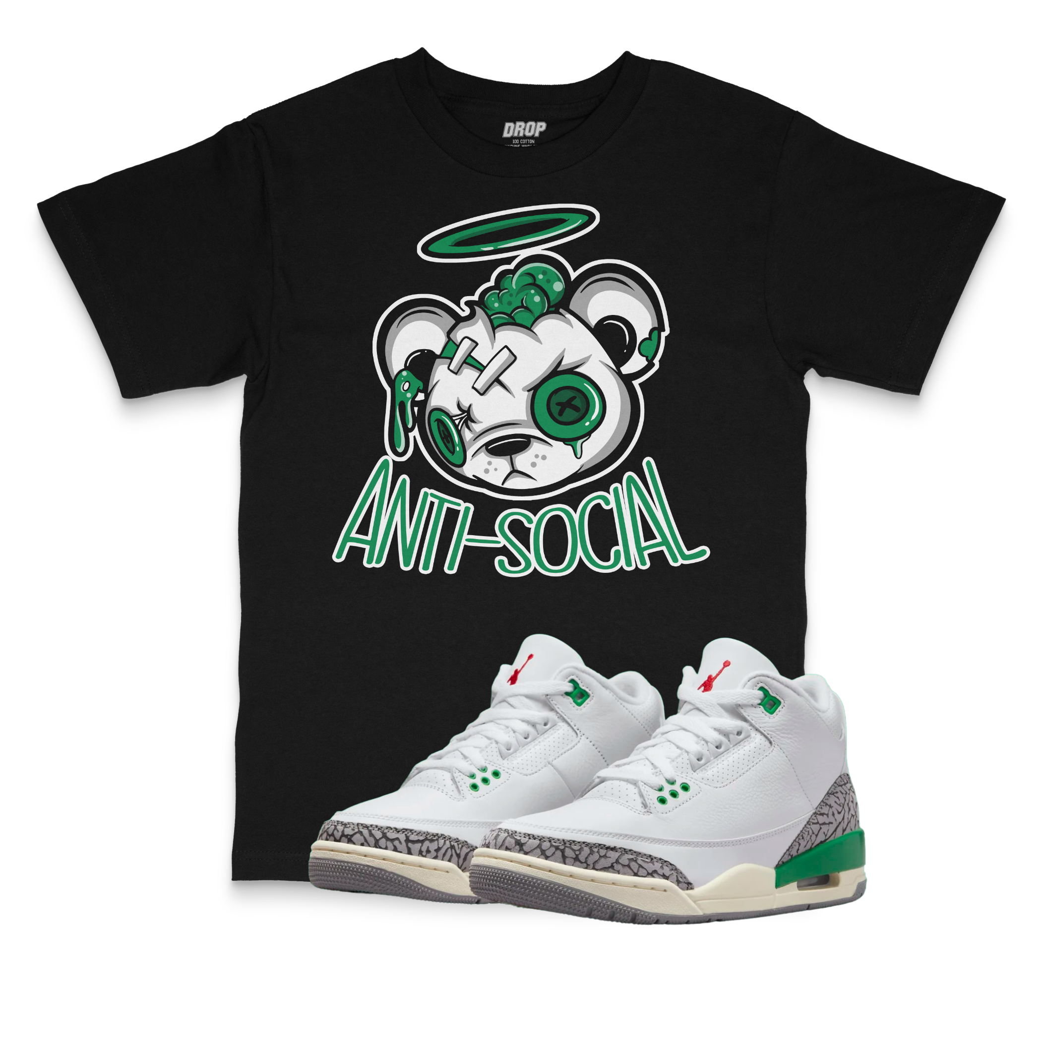 Air Jordan 3 WMNS Lucky Green I Anti-Social Bear Sneaker Matching T-Shirt Air Jordan 3 WMNS Lucky Green I Anti-Social Bear Sneaker Matching T-Shirt