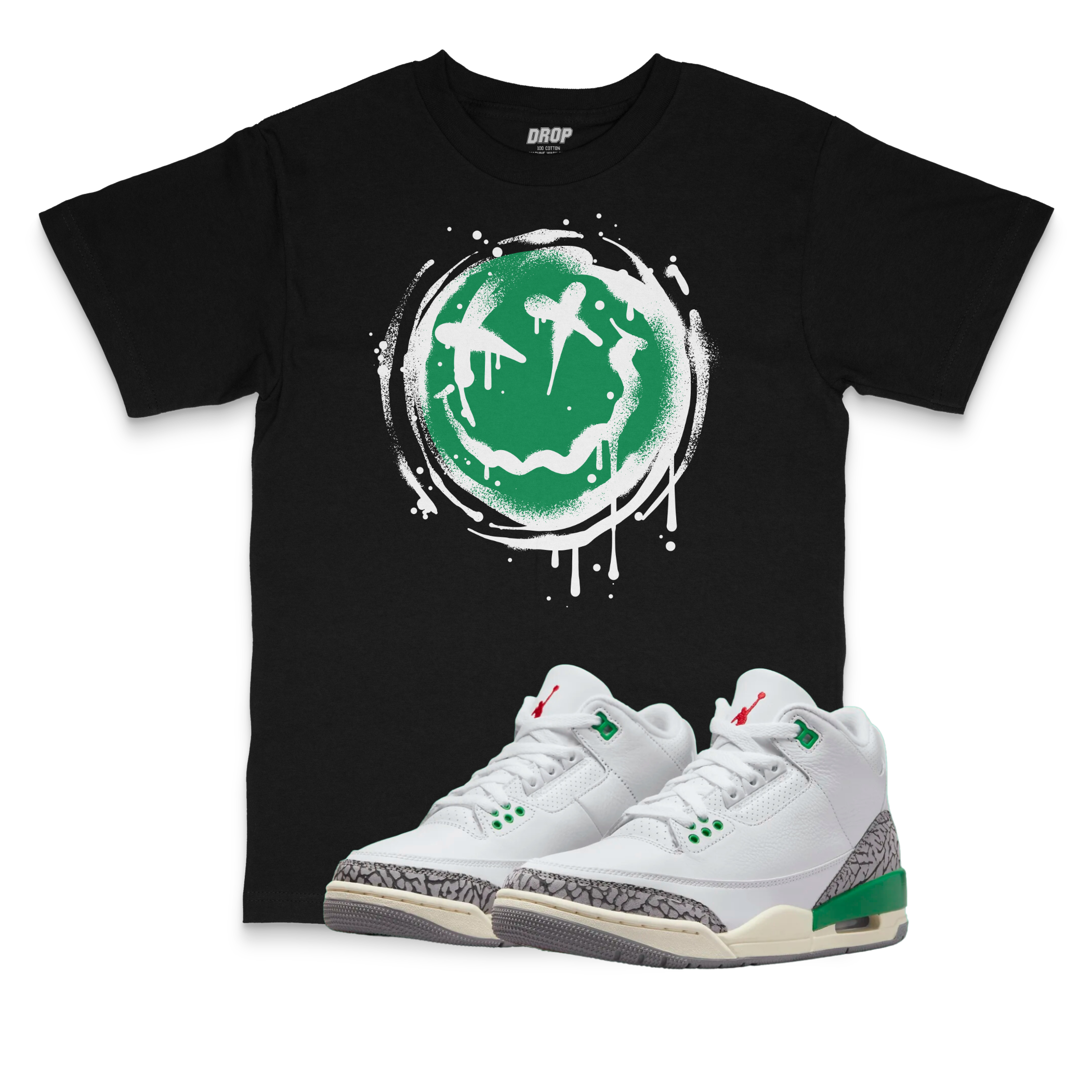 Air Jordan 3 WMNS Lucky Green I Smiley Splatter Sneaker Matching T-Shirt Air Jordan 3 WMNS Lucky Green I Smiley Splatter Sneaker Matching T-Shirt