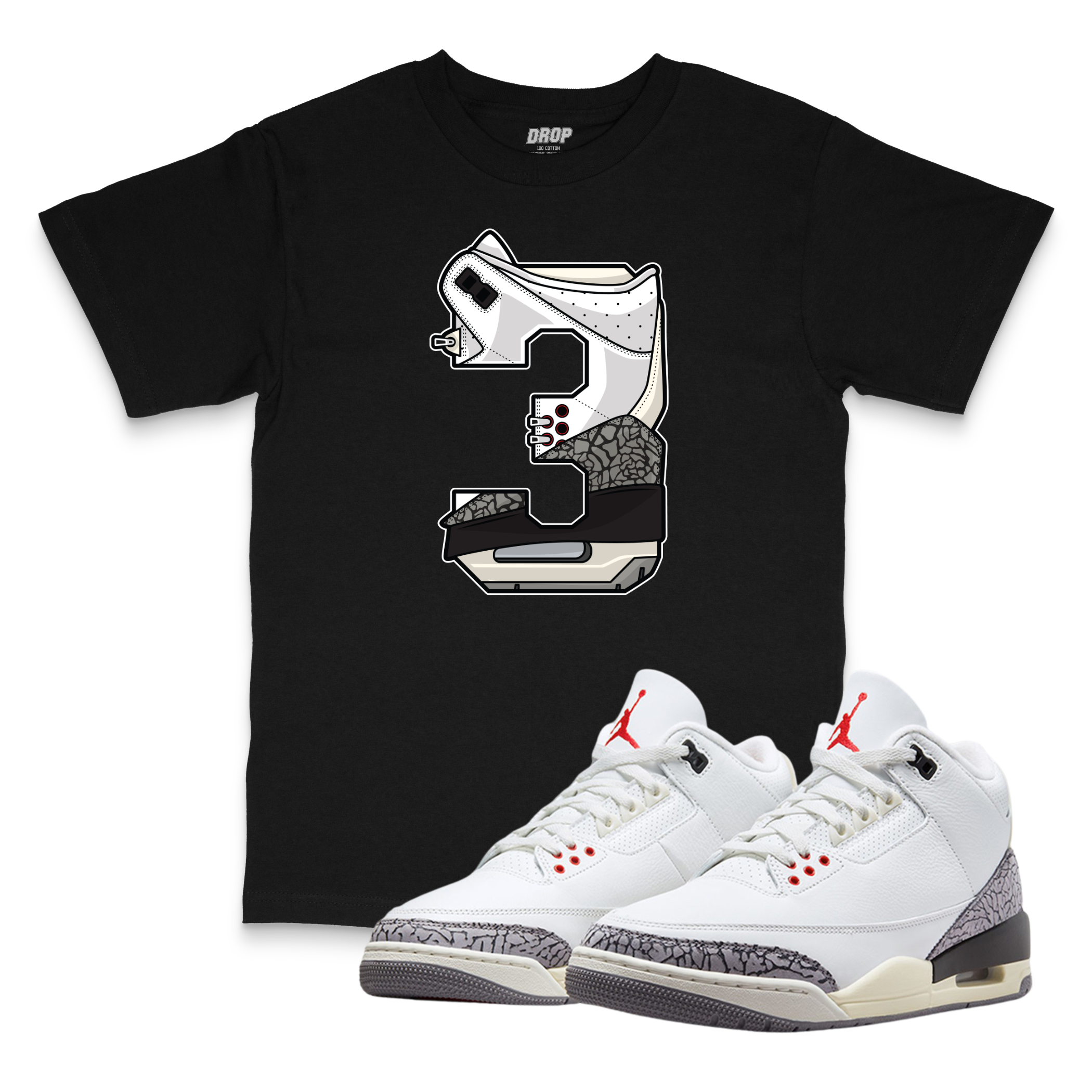Air Jordan 3 White Cement Reimagined I 3 Sneaker Matching T-Shirt Air Jordan 3 White Cement Reimagined I 3 Sneaker Matching T-Shirt