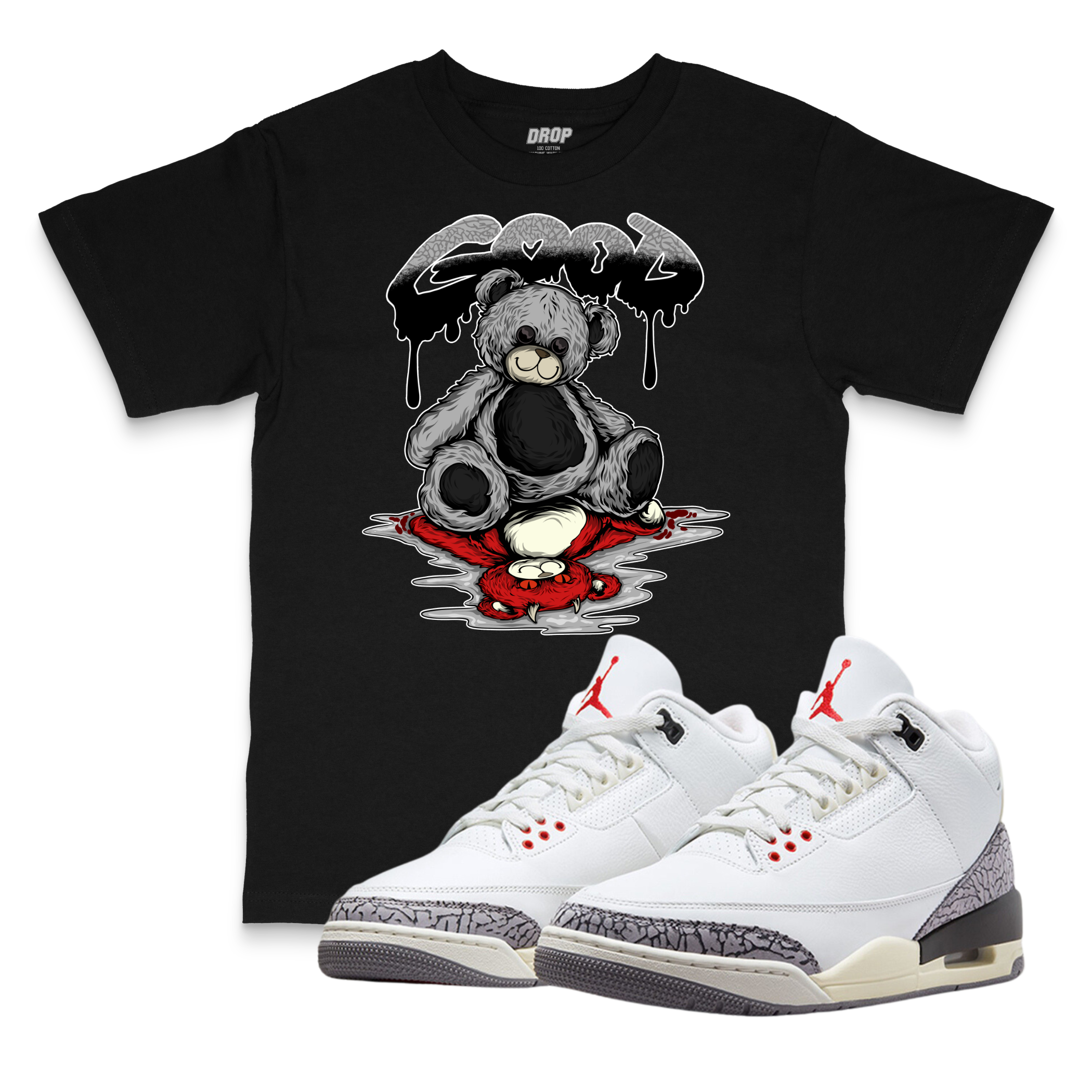 Air Jordan 3 White Cement Reimagined I Good vs. Evil Bear Sneaker Matching T-Shirt Air Jordan 3 White Cement Reimagined I Good vs. Evil Bear Sneaker Matching T-Shirt