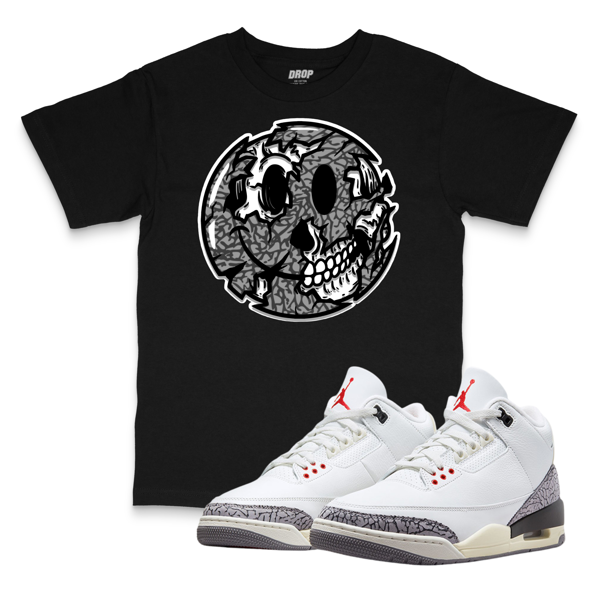 Air Jordan 3 White Cement Reimagined I Smiley Face Sneaker Matching T-Shirt Air Jordan 3 White Cement Reimagined I Smiley Face Sneaker Matching T-Shirt