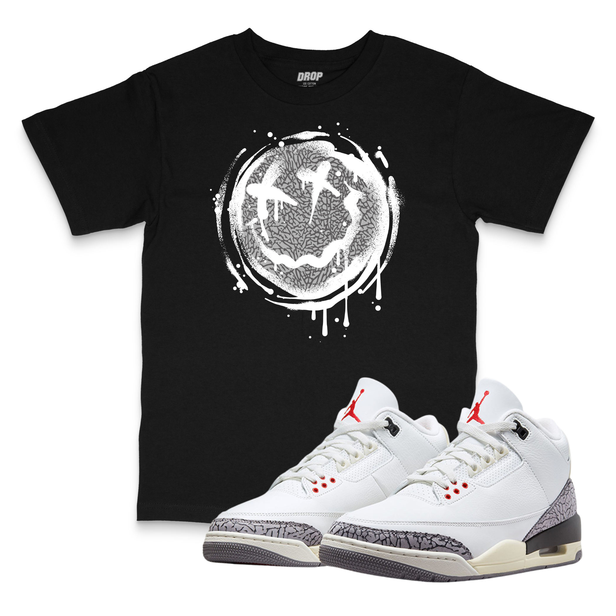 Air Jordan 3 White Cement Reimagined I Smiley Splatter Sneaker Matching T-Shirt Air Jordan 3 White Cement Reimagined I Smiley Splatter Sneaker Matching T-Shirt