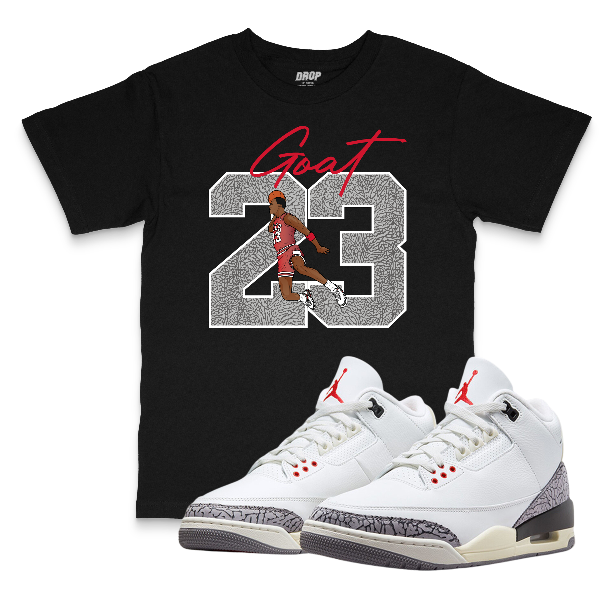 Air Jordan 3 White Cement Reimagined l Goat 23 Sneaker Matching T-Shirt Air Jordan 3 White Cement Reimagined l Goat 23 Sneaker Matching T-Shirt