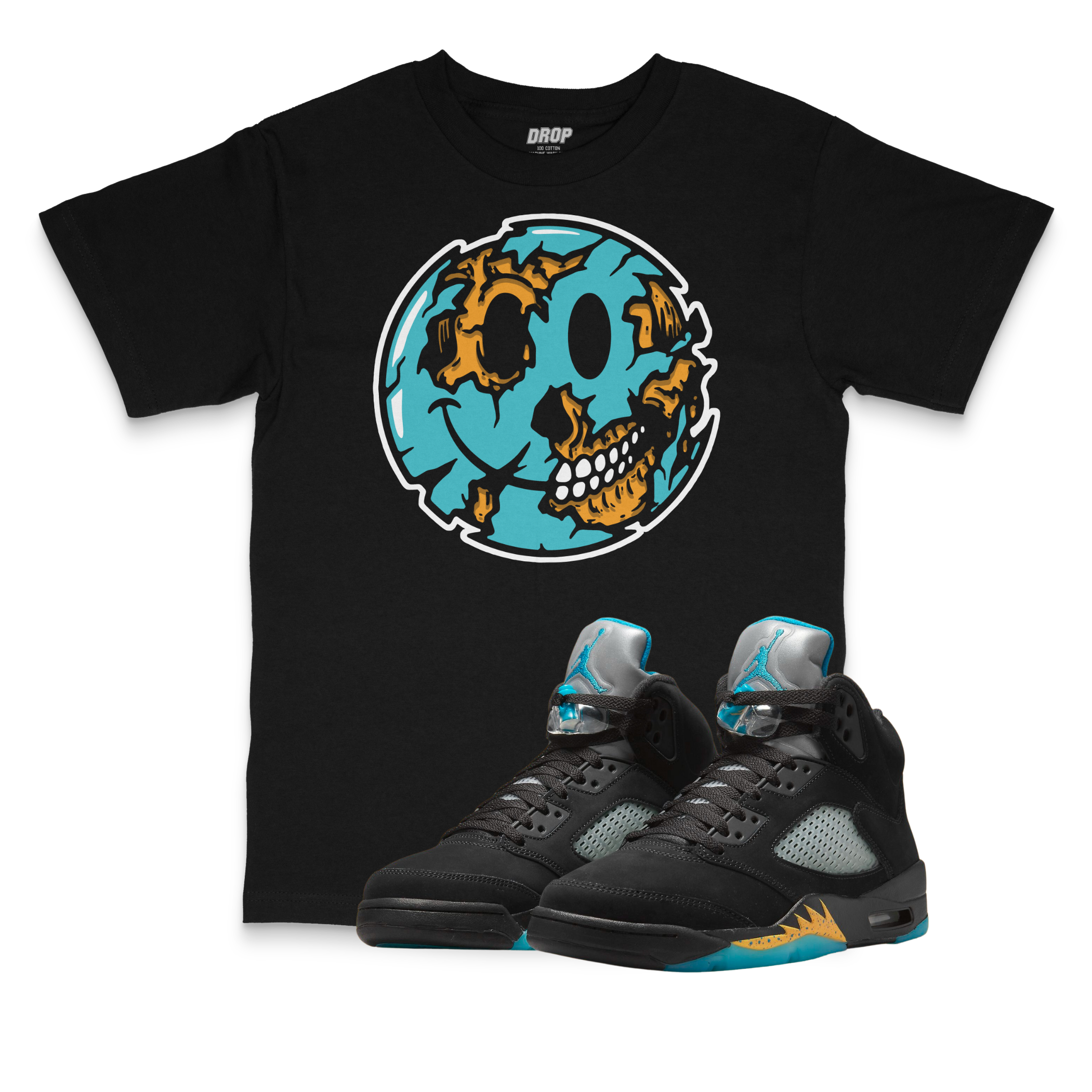 Air Jordan 5 Aqua I Smiley Face Sneaker Matching T-Shirt Air Jordan 5 Aqua I Smiley Face Sneaker Matching T-Shirt