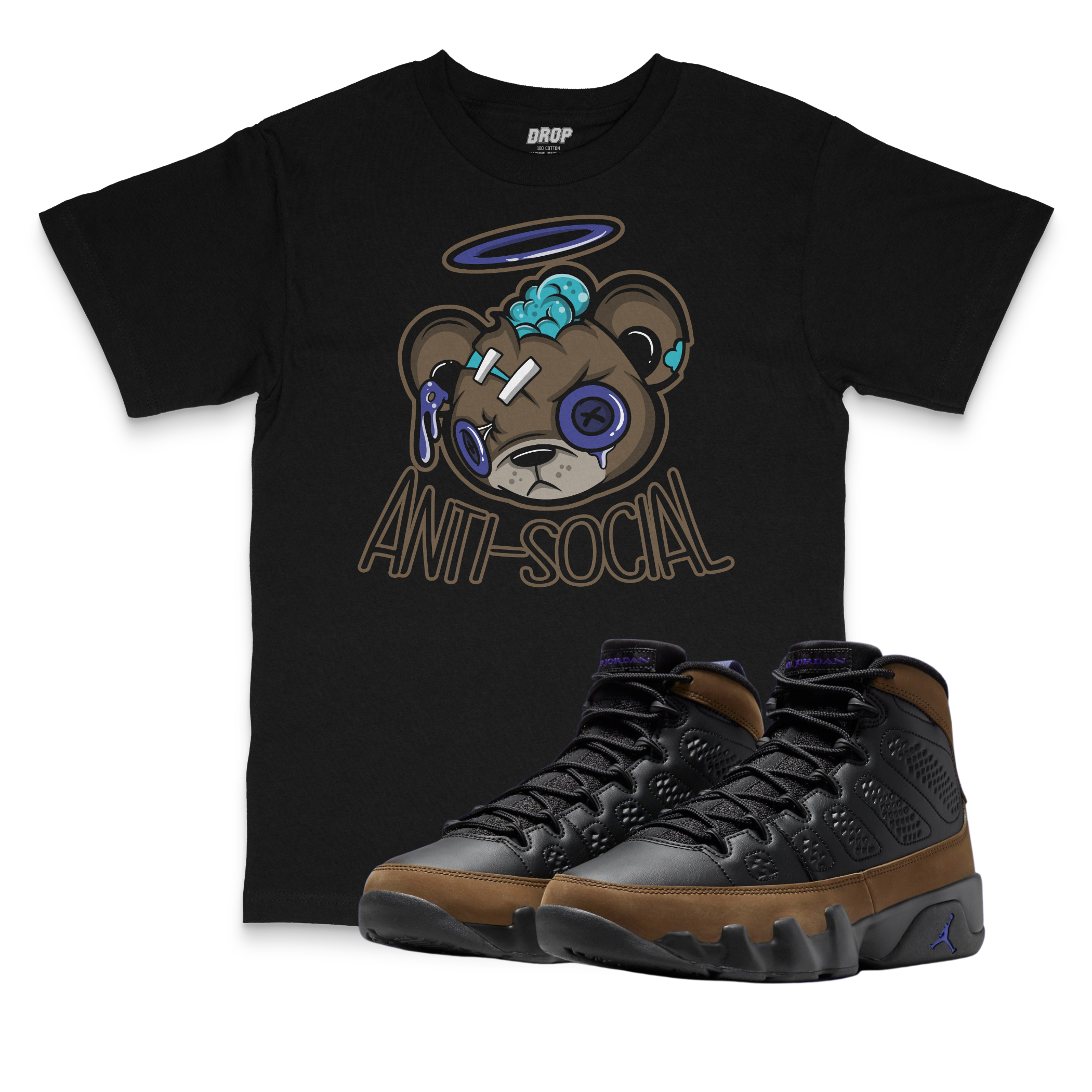 Air Jordan 9 Olive Concord I Anti-Social Bear Sneaker Matching T-Shirt Air Jordan 9 Olive Concord I Anti-Social Bear Sneaker Matching T-Shirt