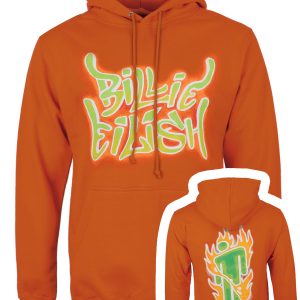 Billie Eilish Airbrush Flames Blohsh Mens Orange Hoodie 1