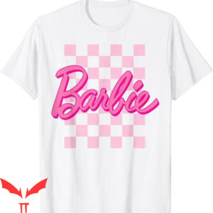 Pink Barbie T-Shirt Logo Checkered Background Cartoon Y2K