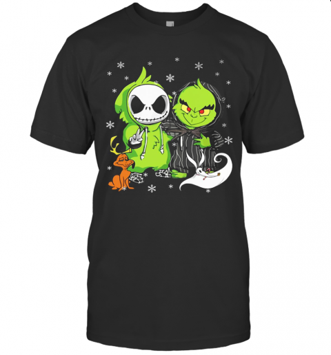 Baby Grinch And Baby Jack Skellington With Boo Christmas T-Shirt Baby Grinch And Baby Jack Skellington With Boo Christmas T-Shirt