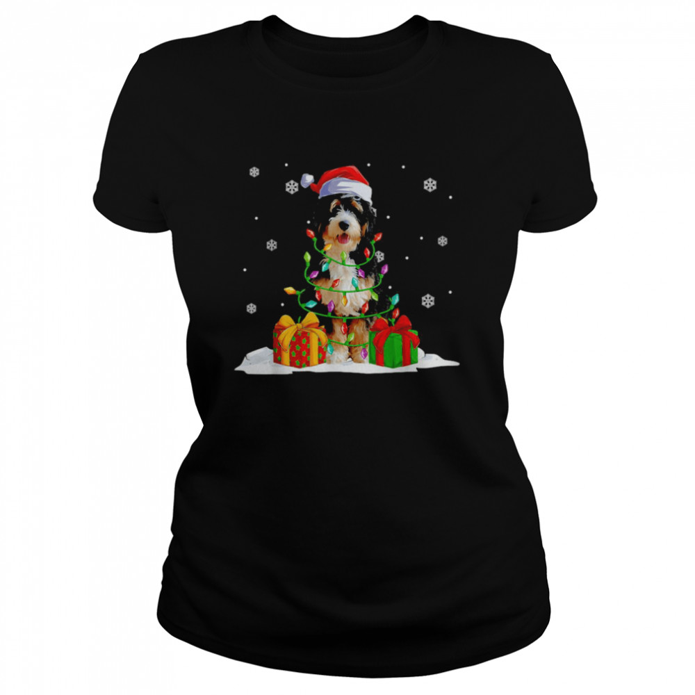 Bernedoodle Santa Christmas Tree Lights Xmas Pajama Pet Dogs T-shirt Bernedoodle Santa Christmas Tree Lights Xmas Pajama Pet Dogs T-shirt