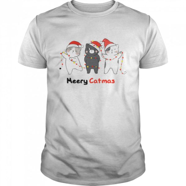 Cat Decorating Christmas Lights Funny Cats With Santa Hat shirt