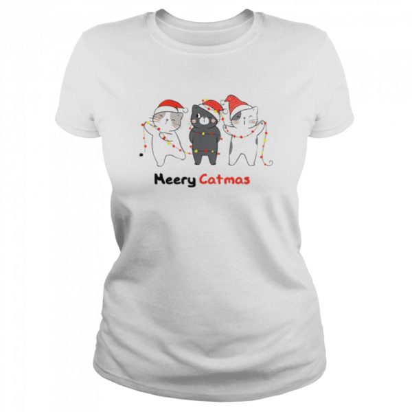 Cat Decorating Christmas Lights Funny Cats With Santa Hat shirt