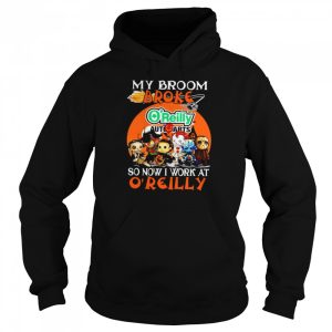 Chibi Horror characters my broom broke so now I work at O'reilly Halloween shirt 3